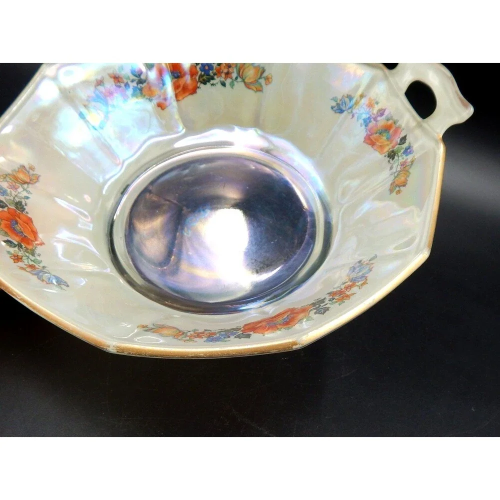 Glass Handled Serving Bowl Dish Floral Transfer Depression Glass 9 In Iridescent